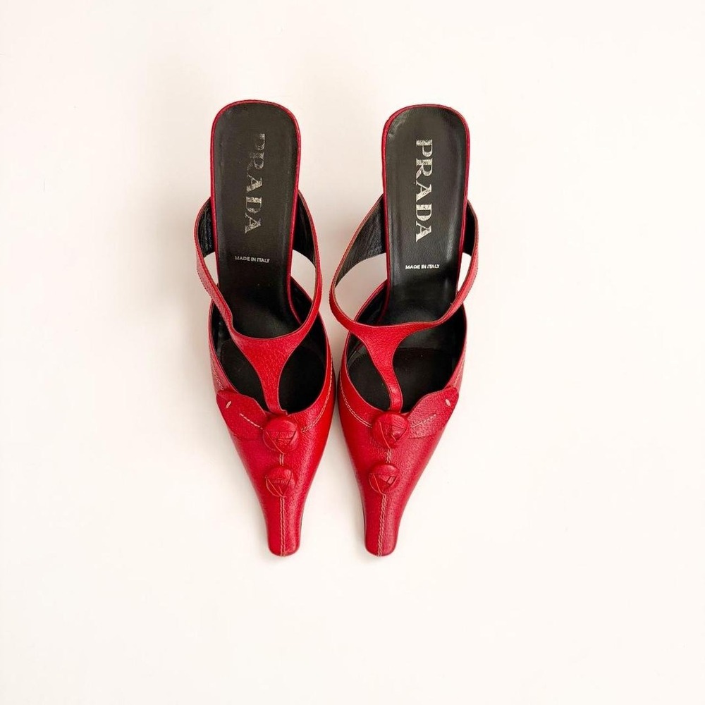 Prada 2000 red black satin pointed toe slingback heels vintage designer US 10